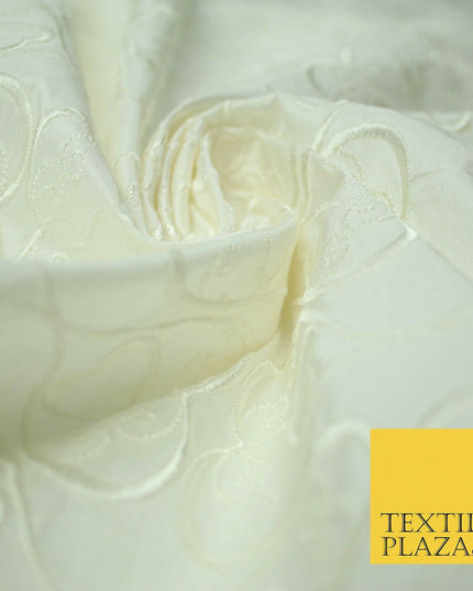 Luxury IVORY Ornate Hearts Design Embroidered 100% PURE SILK Fabric 44" 4521