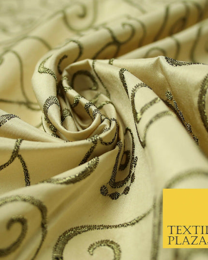 Luxury GOLD Ornate Swirl Hearts Embroidered 100% PURE SILK Fabric Furnishing4536