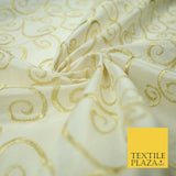 Luxury GOLD Fancy Swirl Curls Embroidered 100% PURE SILK Fabric 45" Wide 4517