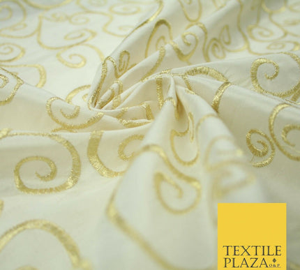 Luxury GOLD Fancy Swirl Curls Embroidered 100% PURE SILK Fabric 45" Wide 4517