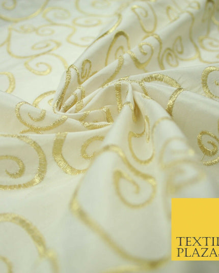 Luxury GOLD Fancy Swirl Curls Embroidered 100% PURE SILK Fabric 45" Wide 4517