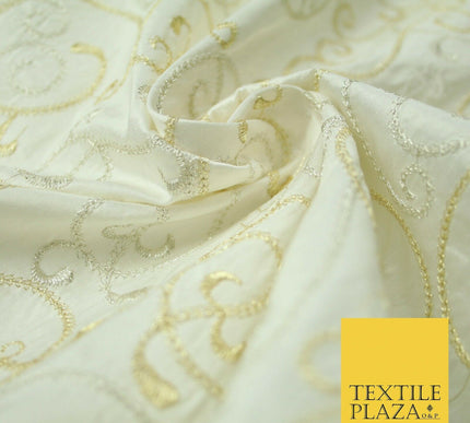 Luxury IVORY GOLD MIX Intricate Vine Embroidered 100% PURE SILK Fabric 44" 4522