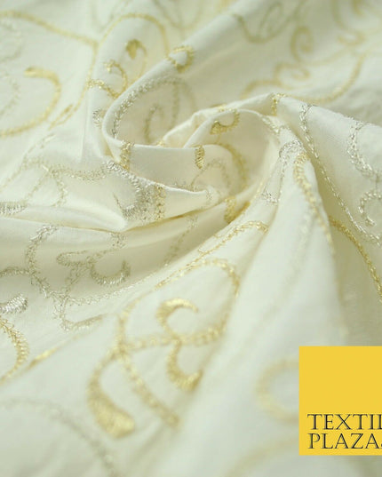 Luxury IVORY GOLD MIX Intricate Vine Embroidered 100% PURE SILK Fabric 44" 4522
