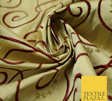 Luxury GOLD MAROON Ornate Swirl Hearts Embroidered 100% PURE SILK Fabric 4535