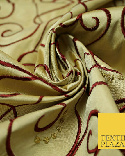 Luxury GOLD MAROON Ornate Swirl Hearts Embroidered 100% PURE SILK Fabric 4535