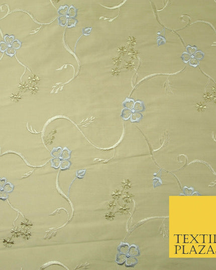 Luxury GOLD Floral Ribbon Embroidered 100% PURE SILK Fabric Furnishing 44" 4513