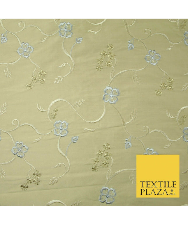 Luxury GOLD Floral Ribbon Embroidered 100% PURE SILK Fabric Furnishing 44" 4513