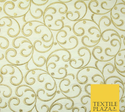 Luxury CREAM GOLD Intricate Swirls Embroidered 100% PURE SILK Fabric 45" 4509