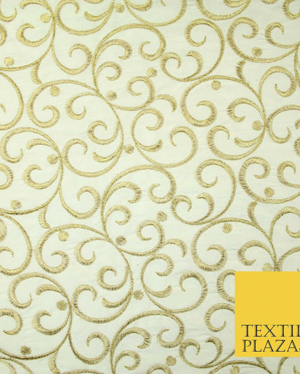 Luxury CREAM GOLD Intricate Swirls Embroidered 100% PURE SILK Fabric 45" 4509