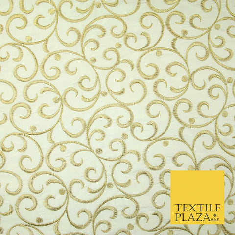 Luxury CREAM GOLD Intricate Swirls Embroidered 100% PURE SILK Fabric 45" 4509