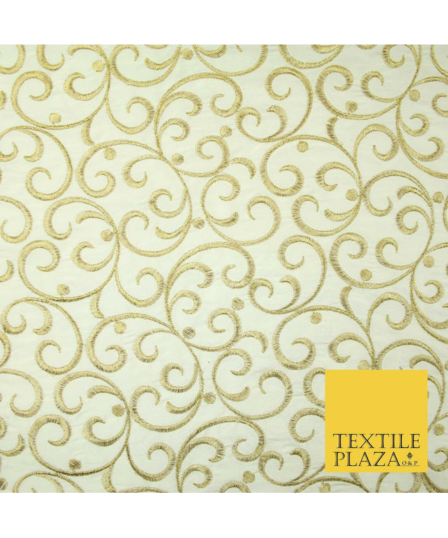 Luxury CREAM GOLD Intricate Swirls Embroidered 100% PURE SILK Fabric 45" 4509