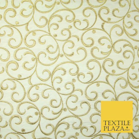 Luxury CREAM GOLD Intricate Swirls Embroidered 100% PURE SILK Fabric 45" 4509