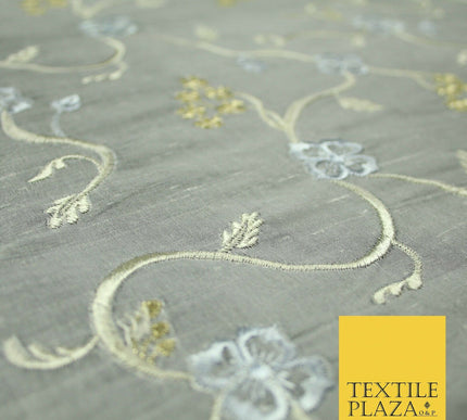 Luxury GREY Floral Ribbon Embroidered 100% PURE SILK Fabric Furnishing 44" 4512