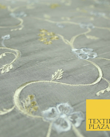 Luxury GREY Floral Ribbon Embroidered 100% PURE SILK Fabric Furnishing 44" 4512