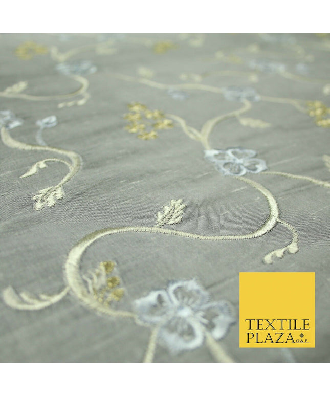 Luxury GREY Floral Ribbon Embroidered 100% PURE SILK Fabric Furnishing 44" 4512