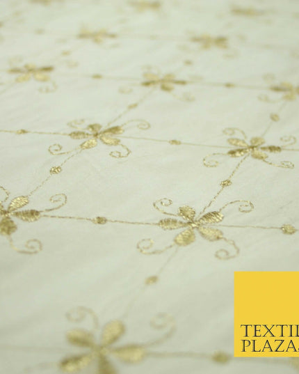 Luxury IVORY Floral Harlequin Flower Embroidered 100% PURE SILK Fabric 44" 4514