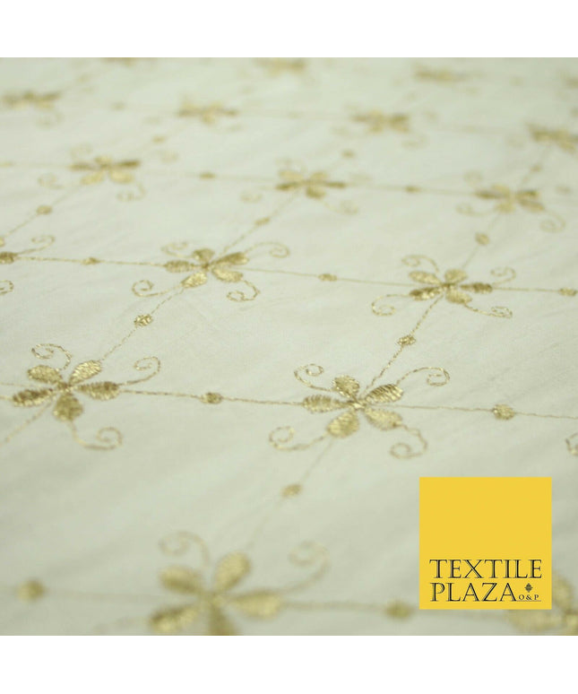Luxury IVORY Floral Harlequin Flower Embroidered 100% PURE SILK Fabric 44" 4514