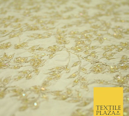 Luxury BEIGE GOLD Floral Beaded HAND EMBROIDERED 100% PURE SILK Fabric 46" 4500