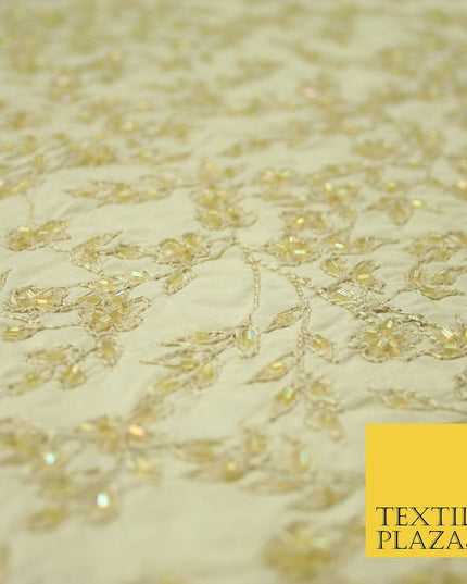 Luxury BEIGE GOLD Floral Beaded HAND EMBROIDERED 100% PURE SILK Fabric 46" 4500