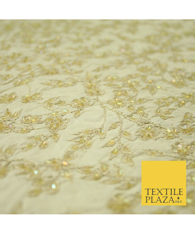 Luxury BEIGE GOLD Floral Beaded HAND EMBROIDERED 100% PURE SILK Fabric 46" 4500