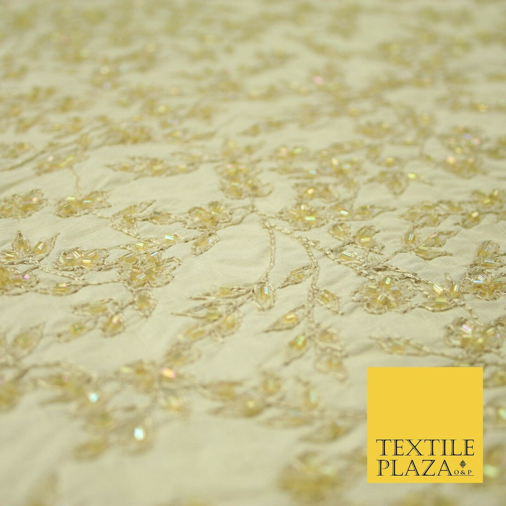 Luxury BEIGE GOLD Floral Beaded HAND EMBROIDERED 100% PURE SILK Fabric 46" 4500