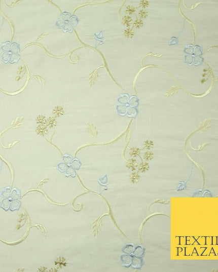 Luxury OYSTER Floral Ribbon Embroidered 100% PURE SILK Fabric Furnishing 44"4511
