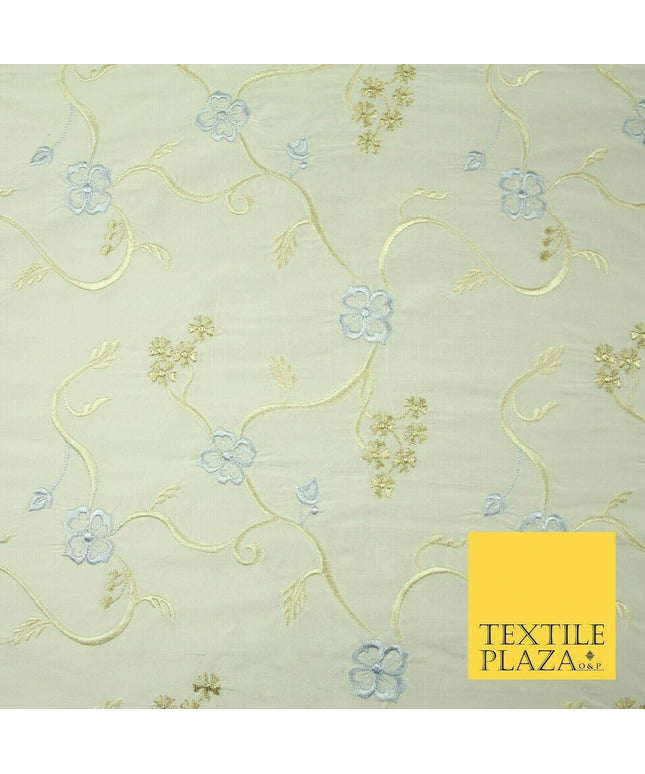 Luxury OYSTER Floral Ribbon Embroidered 100% PURE SILK Fabric Furnishing 44"4511