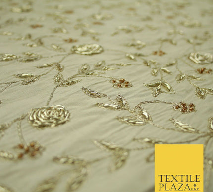 Luxury OYSTER GOLD Zari Metallic HAND Embroidered 100% PURE SILK Fabric 48" 4504