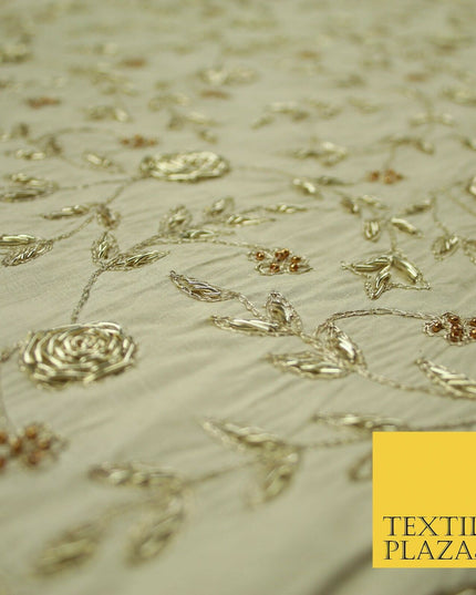 Luxury OYSTER GOLD Zari Metallic HAND Embroidered 100% PURE SILK Fabric 48" 4504