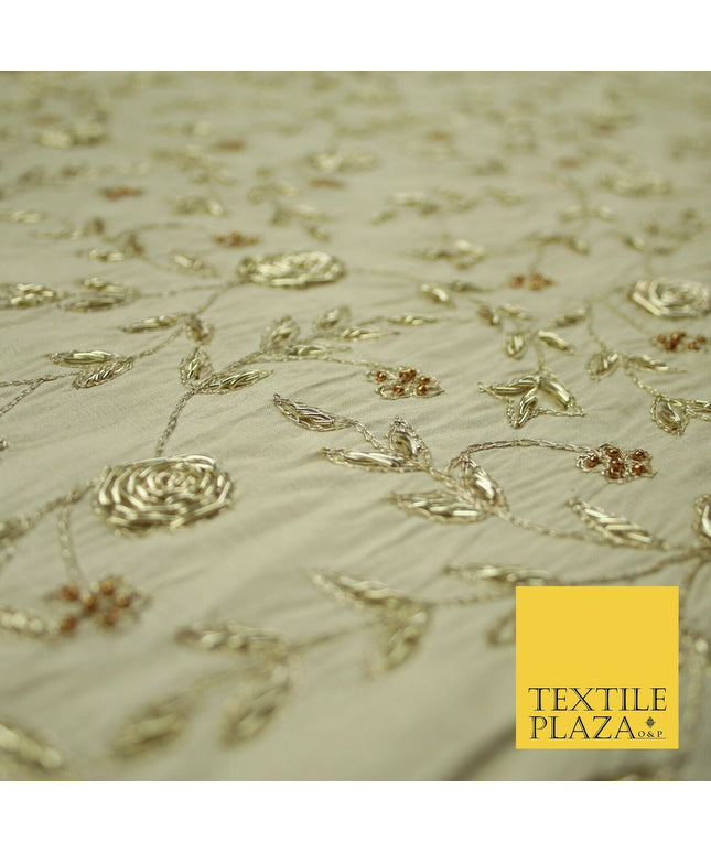 Luxury OYSTER GOLD Zari Metallic HAND Embroidered 100% PURE SILK Fabric 48" 4504