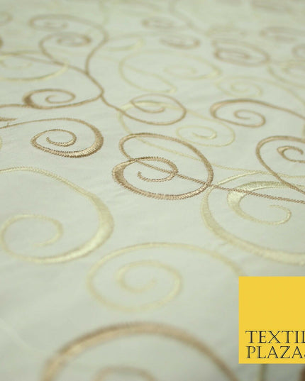 Luxury IVORY CREAM Ornamental Swirls Embroidered 100% PURE SILK Fabric 44" 4505