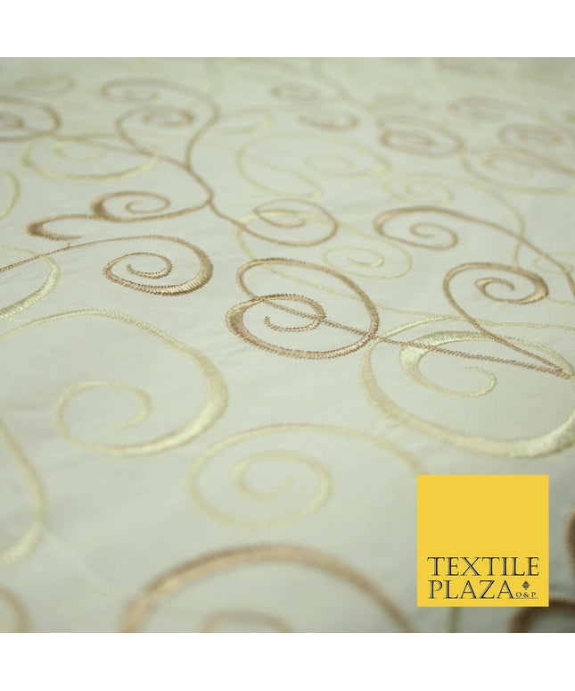 Luxury IVORY CREAM Ornamental Swirls Embroidered 100% PURE SILK Fabric 44" 4505