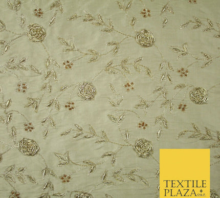 Luxury OYSTER GOLD Zari Metallic HAND Embroidered 100% PURE SILK Fabric 48" 4504