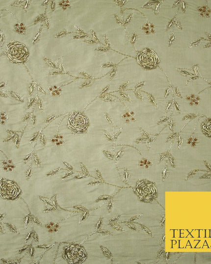 Luxury OYSTER GOLD Zari Metallic HAND Embroidered 100% PURE SILK Fabric 48" 4504