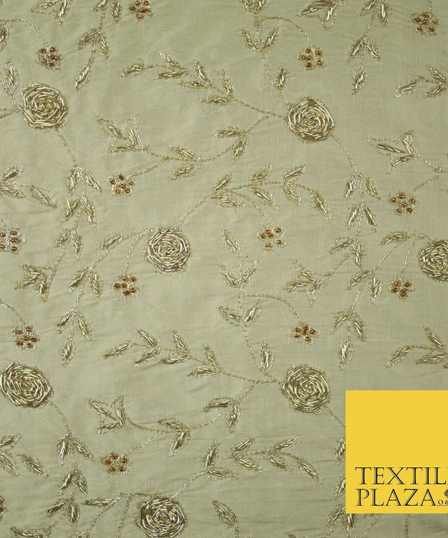Luxury OYSTER GOLD Zari Metallic HAND Embroidered 100% PURE SILK Fabric 48" 4504