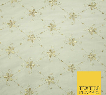 Luxury IVORY Floral Harlequin Flower Embroidered 100% PURE SILK Fabric 44" 4514