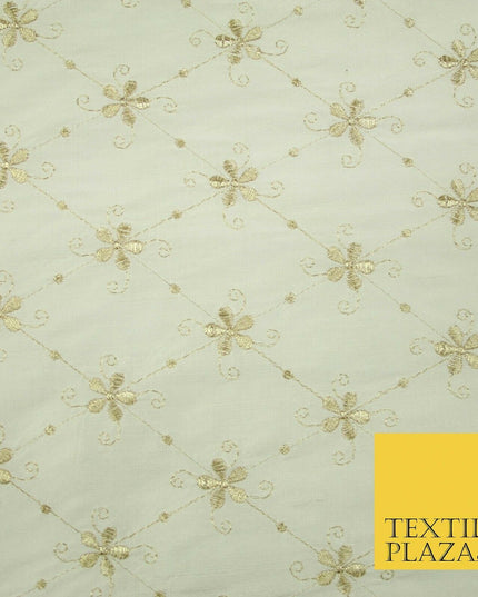 Luxury IVORY Floral Harlequin Flower Embroidered 100% PURE SILK Fabric 44" 4514
