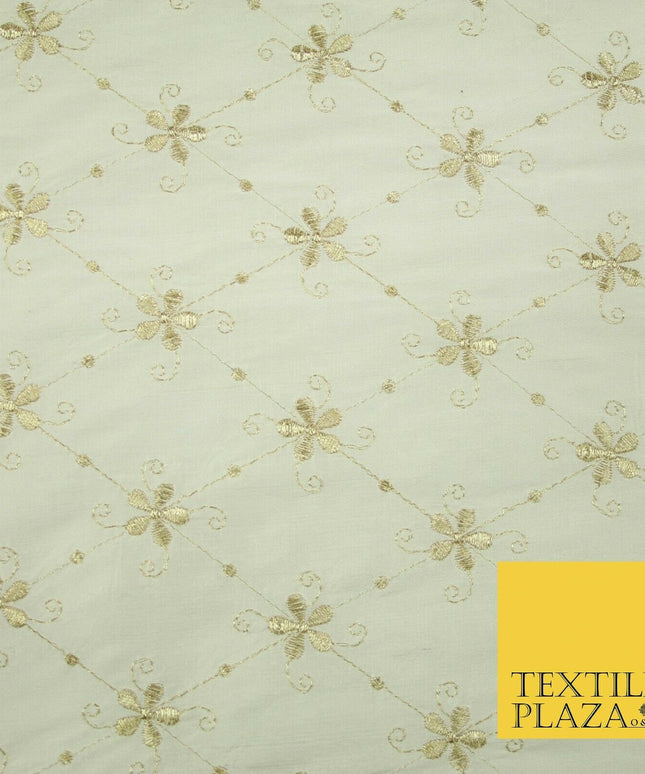 Luxury IVORY Floral Harlequin Flower Embroidered 100% PURE SILK Fabric 44" 4514