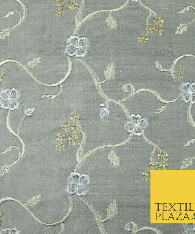 Luxury GREY Floral Ribbon Embroidered 100% PURE SILK Fabric Furnishing 44" 4512