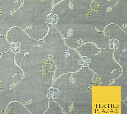 Luxury GREY Floral Ribbon Embroidered 100% PURE SILK Fabric Furnishing 44" 4512
