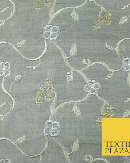 Luxury GREY Floral Ribbon Embroidered 100% PURE SILK Fabric Furnishing 44" 4512