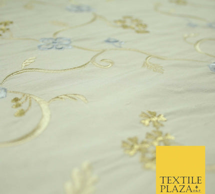 Luxury OYSTER Floral Ribbon Embroidered 100% PURE SILK Fabric Furnishing 44"4511