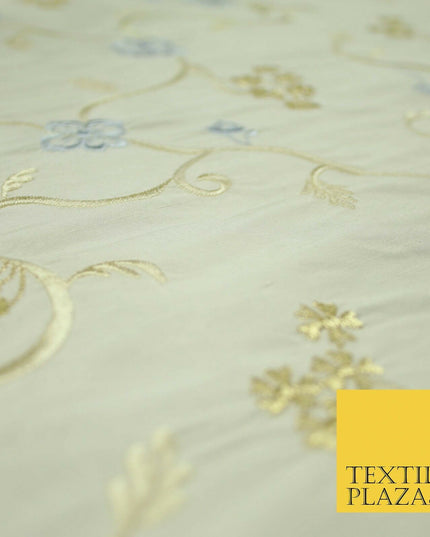 Luxury OYSTER Floral Ribbon Embroidered 100% PURE SILK Fabric Furnishing 44"4511