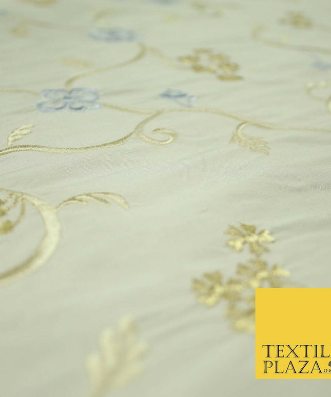 Luxury OYSTER Floral Ribbon Embroidered 100% PURE SILK Fabric Furnishing 44"4511