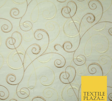 Luxury IVORY CREAM Ornamental Swirls Embroidered 100% PURE SILK Fabric 44" 4505