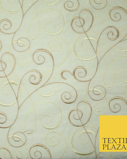 Luxury IVORY CREAM Ornamental Swirls Embroidered 100% PURE SILK Fabric 44" 4505