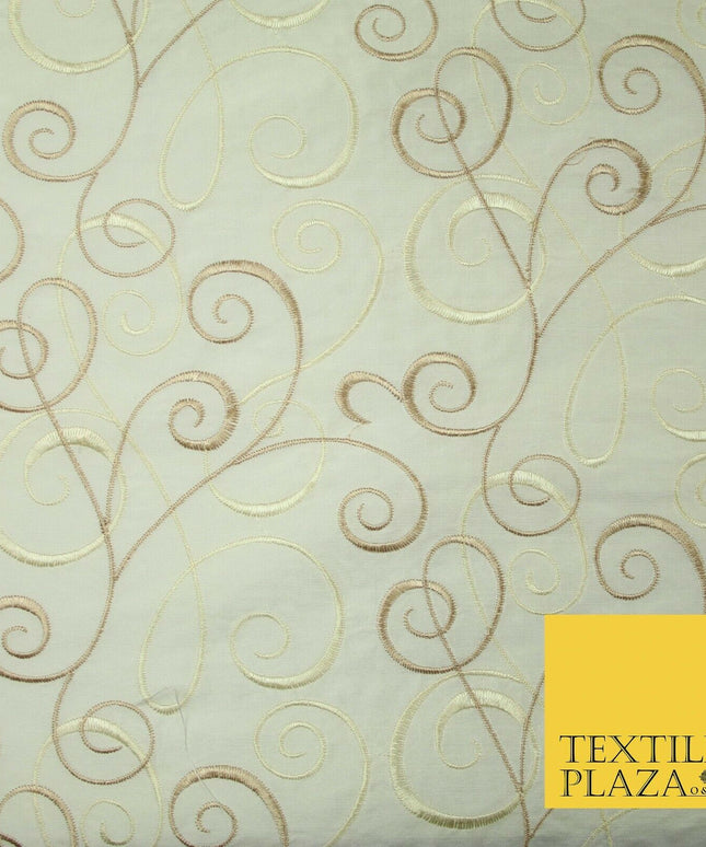 Luxury IVORY CREAM Ornamental Swirls Embroidered 100% PURE SILK Fabric 44" 4505