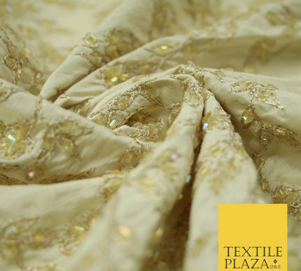 Luxury BEIGE GOLD Floral Beaded HAND EMBROIDERED 100% PURE SILK Fabric 46" 4500