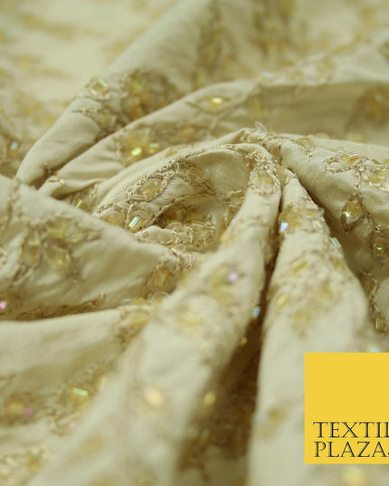 Luxury BEIGE GOLD Floral Beaded HAND EMBROIDERED 100% PURE SILK Fabric 46" 4500