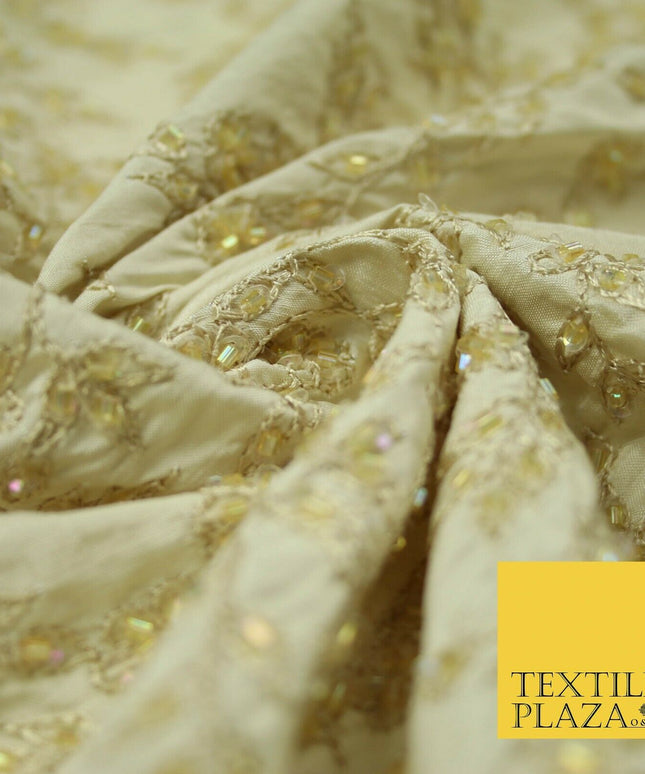 Luxury BEIGE GOLD Floral Beaded HAND EMBROIDERED 100% PURE SILK Fabric 46" 4500